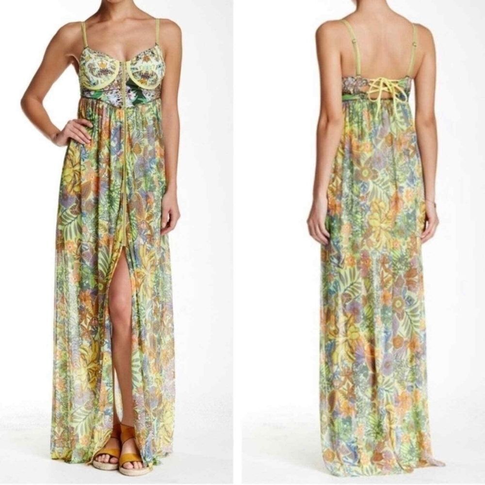 Maaji Honey Pot‎ Multicolor Floral Bustier High Slit Maxi Dress Medium - Picture 3 of 13